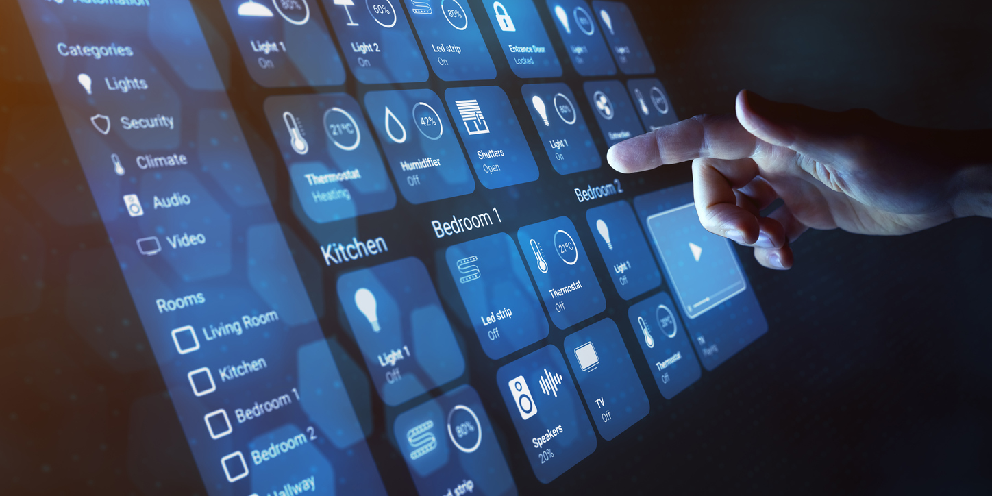 Smart home dashboard to control smart devices and set up home automation technology. Assistant for connected devices, smart lock, lights, thermostat. Finger touching button on virtual interface.